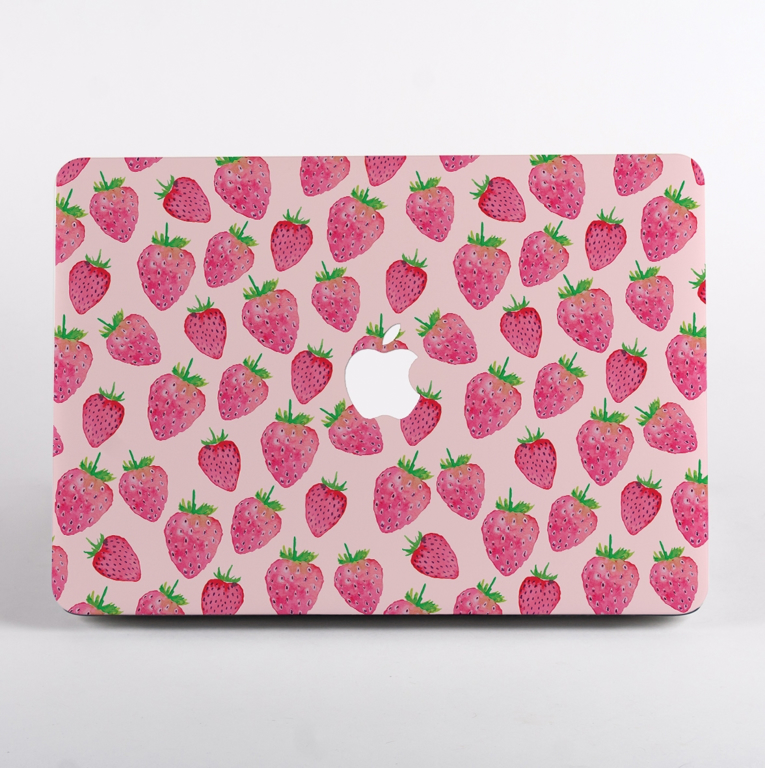 Pink Strawberry Pattern MacBook Case Front  | Available at Dessi-Designs.com