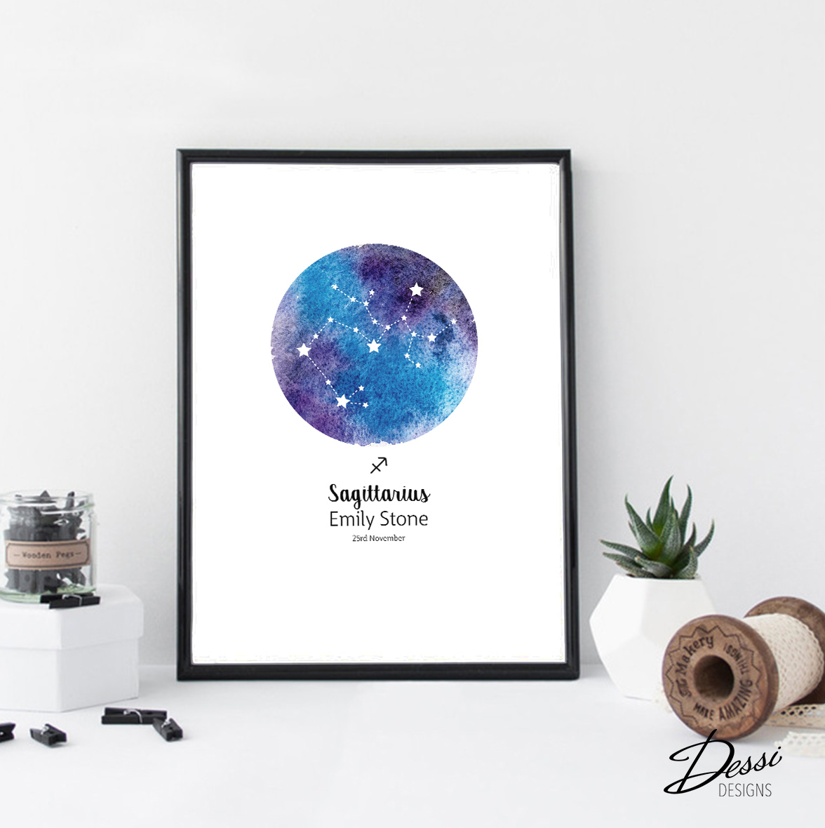 Customised Zodiac Sign | Watercolour Wall Print | Dessi Designs. Dessi