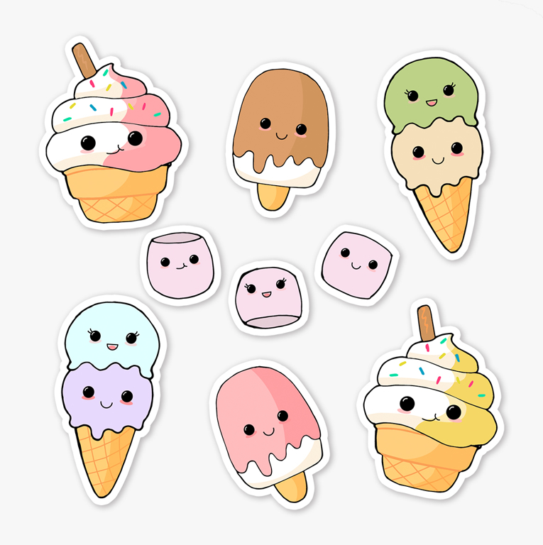 Cute Ice Cream Kawaii Stickers Pack of 4. Dessi Designs