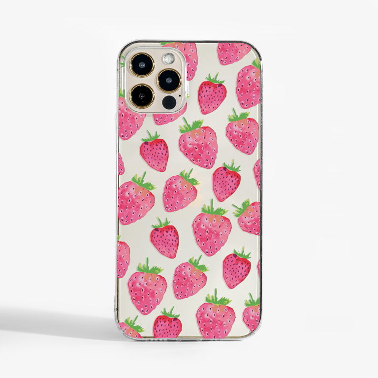 Clear Strawberries Slimline Phone Case Front | Available at Dessi-Designs.com