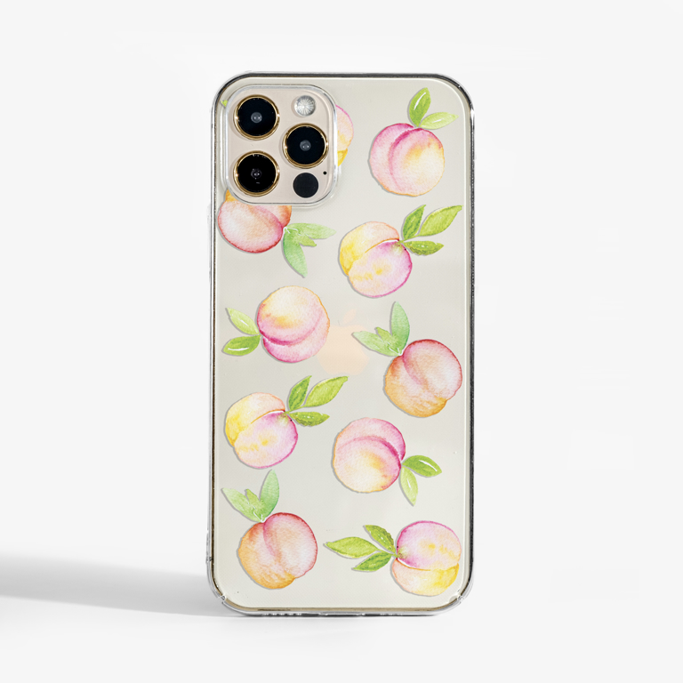 Peaches Clear Plastic Phone Case Front - www.dessi-designs.com