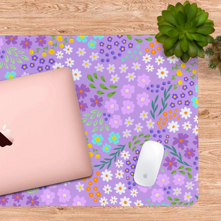 Purple Flowers desk mat made out of soft anti slip fabric