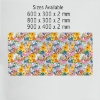 Hand-drawn floral desk mat in pink, orange, and blue – Summer Garden design by Dessi Designs, available in 3 different sizes.